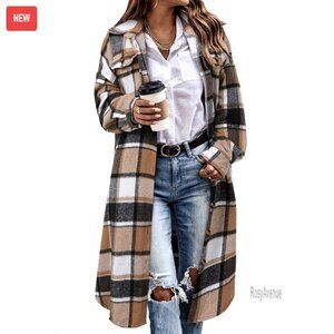 Oversized Plaid Shacket Jacket Corduroy Long Sleeve Button Down Trench Coat